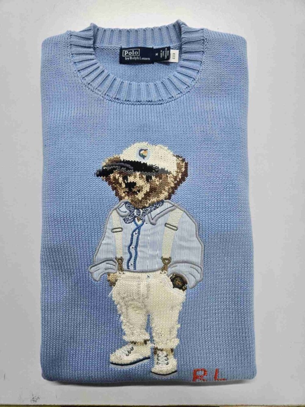 Ralph Lauren Polo‑Bear Light Blue Cotton Crewneck Knit Sweater Unisex - Picture 2 of 6